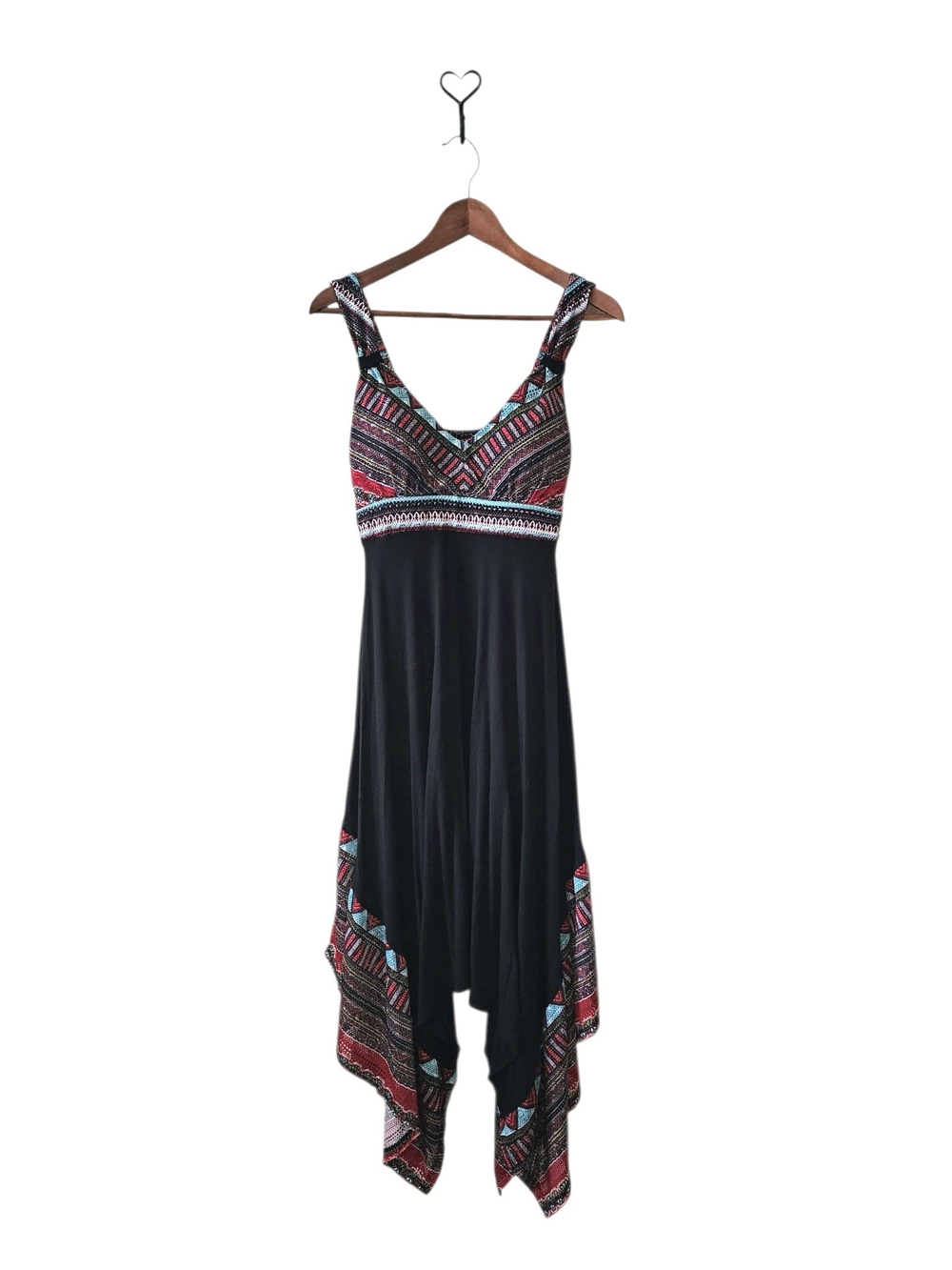 American Rag Black Handkerchief-Hem Dress with Multicolor Tribal Accents